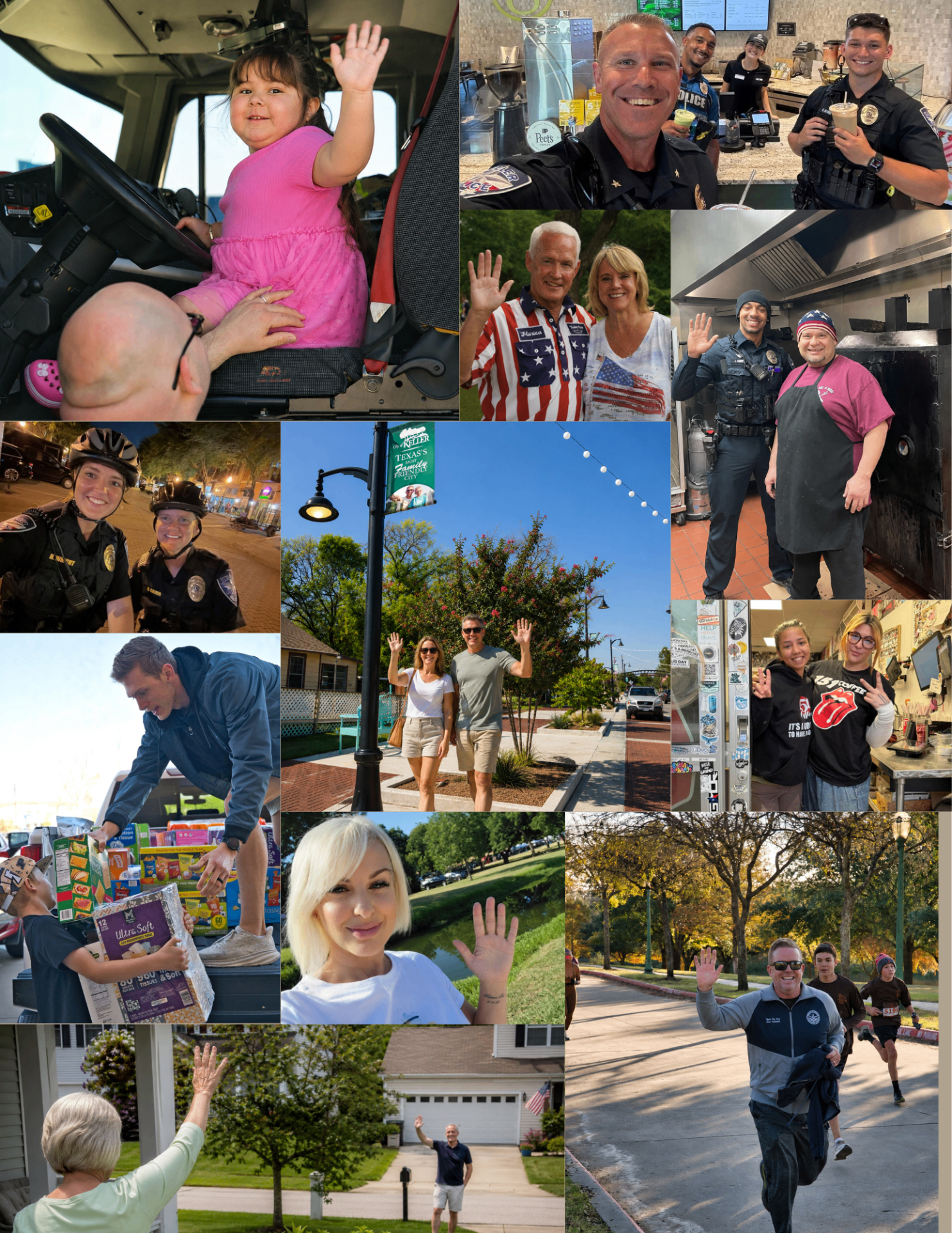 Collage of Keller neighbors, first responders, families, and local business owners waving